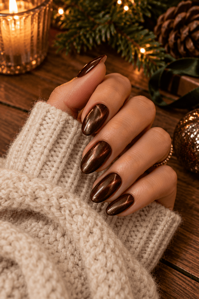 chocolate brown velvet nails on a woman's hand holding a cream knit sweater sleeve, warm wood table, subtle Christmas greenery in the background, natural editorial photography