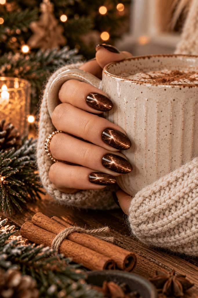 cinnamon brown velvet nails on a woman's hand holding a warm ceramic mug, cinnamon sticks and subtle Christmas greenery nearby, cozy natural morning light, editorial lifestyle photography