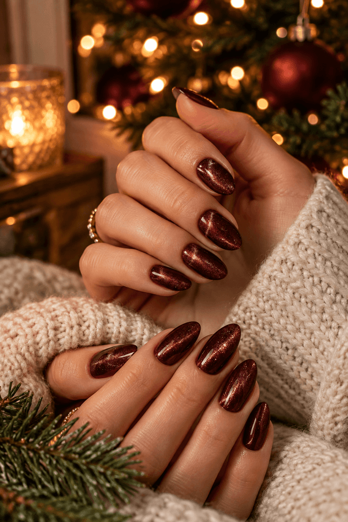 close-up editorial photograph of a woman's hands wearing deep burgundy velvet Christmas nails, soft Christmas tree lights in the background, natural skin texture, cozy evening setting, no excessive decorations