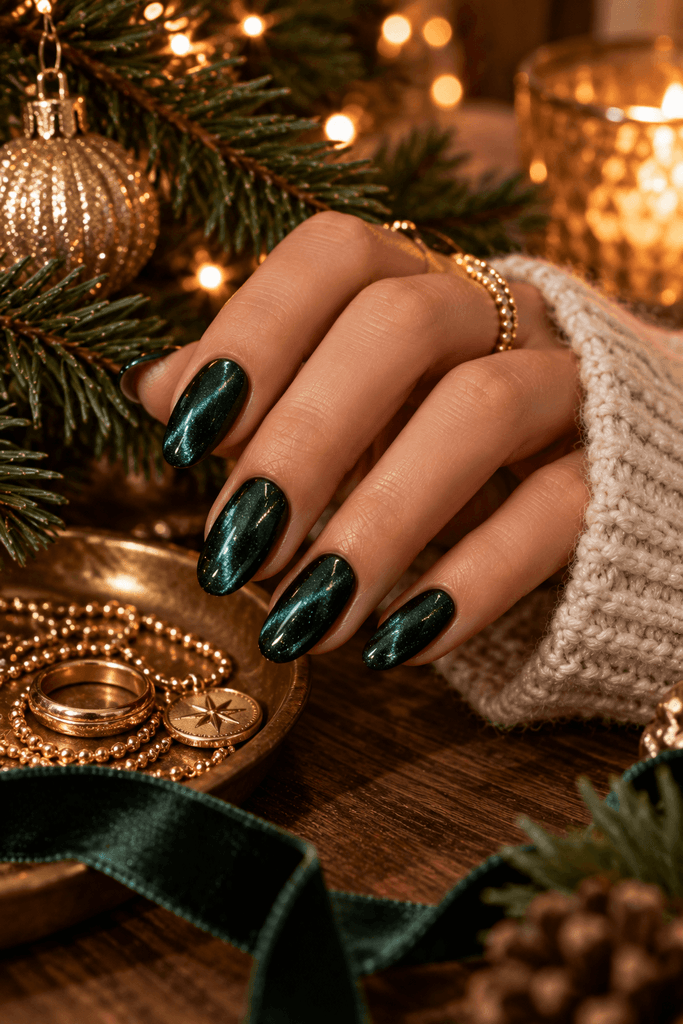 close-up of emerald green velvet Christmas nails on a woman's hand beside gold jewelry, pine branches and softly blurred Christmas lights, realistic skin and nail texture