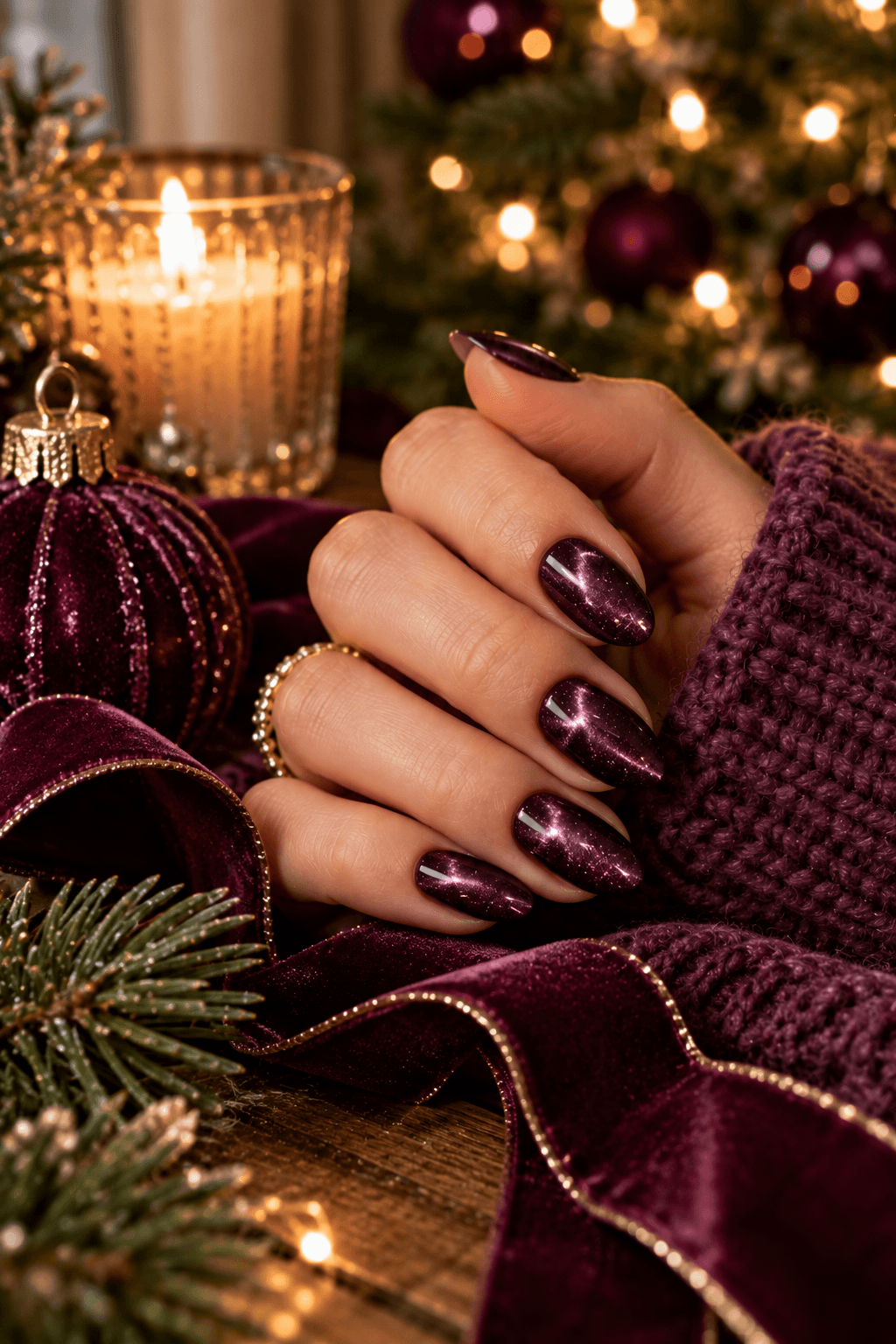 deep plum velvet Christmas manicure on a woman's hand beside a plum-colored velvet ribbon, soft candlelight and blurred Christmas tree in the background, realistic lifestyle photography