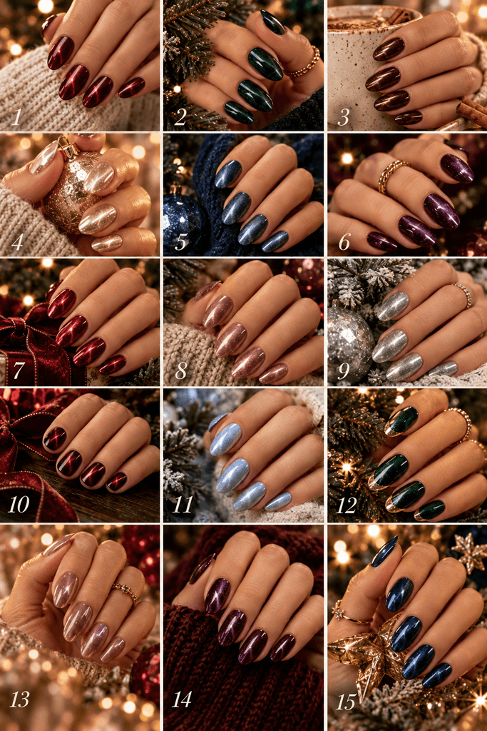 editorial collage showing 15 different rich velvet Christmas nail colors on individual nail swatches and women's hands, burgundy, emerald, chocolate, champagne, icy blue, plum, ruby and silver tones, realistic photography, no repeated compositions