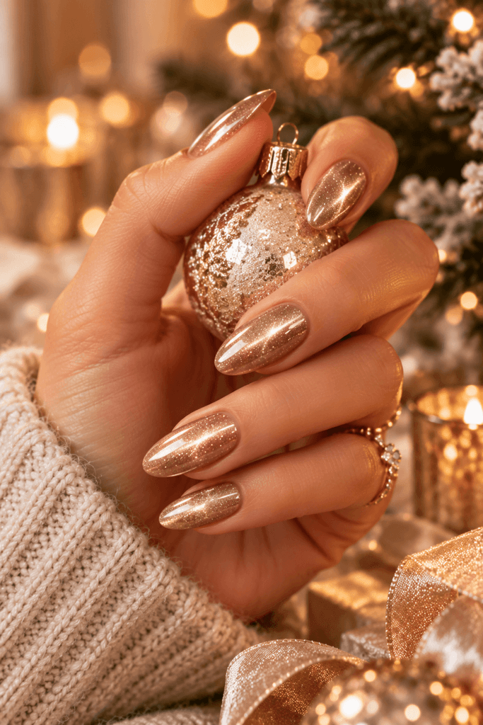 elegant champagne velvet manicure on a woman's hand holding a small champagne-colored ornament, warm cream background, subtle golden Christmas lights, sophisticated editorial beauty photography