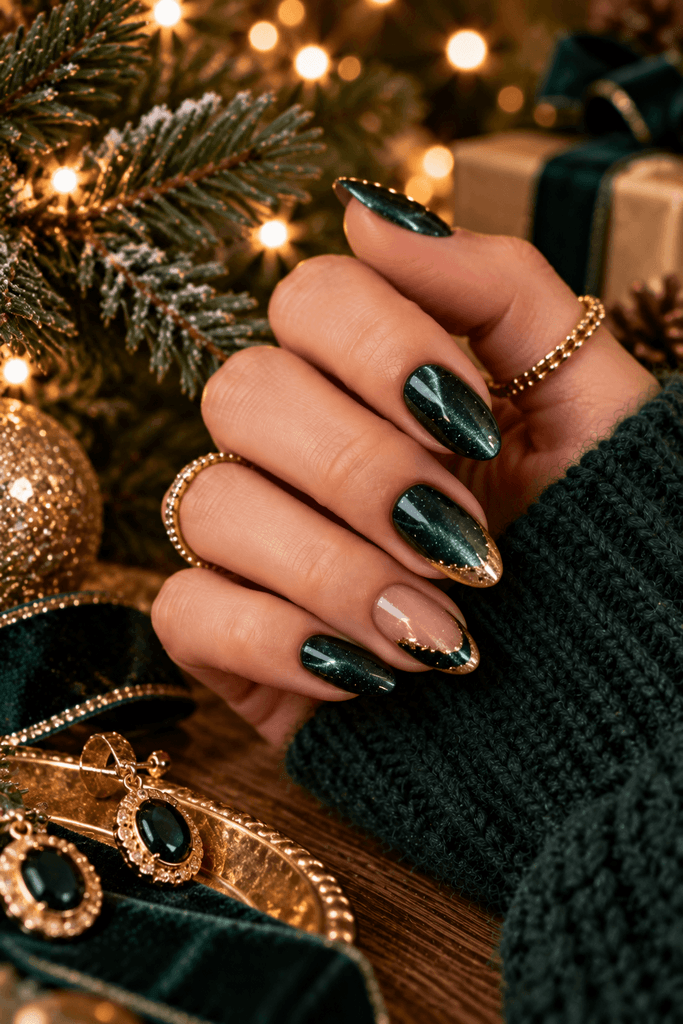 forest green velvet Christmas nails with delicate gold French tips on two accent nails, woman's hand beside gold earrings and evergreen branch, sophisticated natural holiday setting
