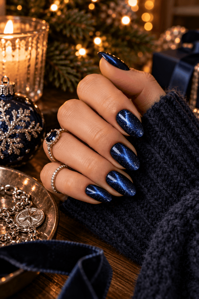 midnight blue velvet nails on a woman's hand beside silver jewelry and a dark wool sleeve, softly glowing Christmas lights, intimate evening editorial setting