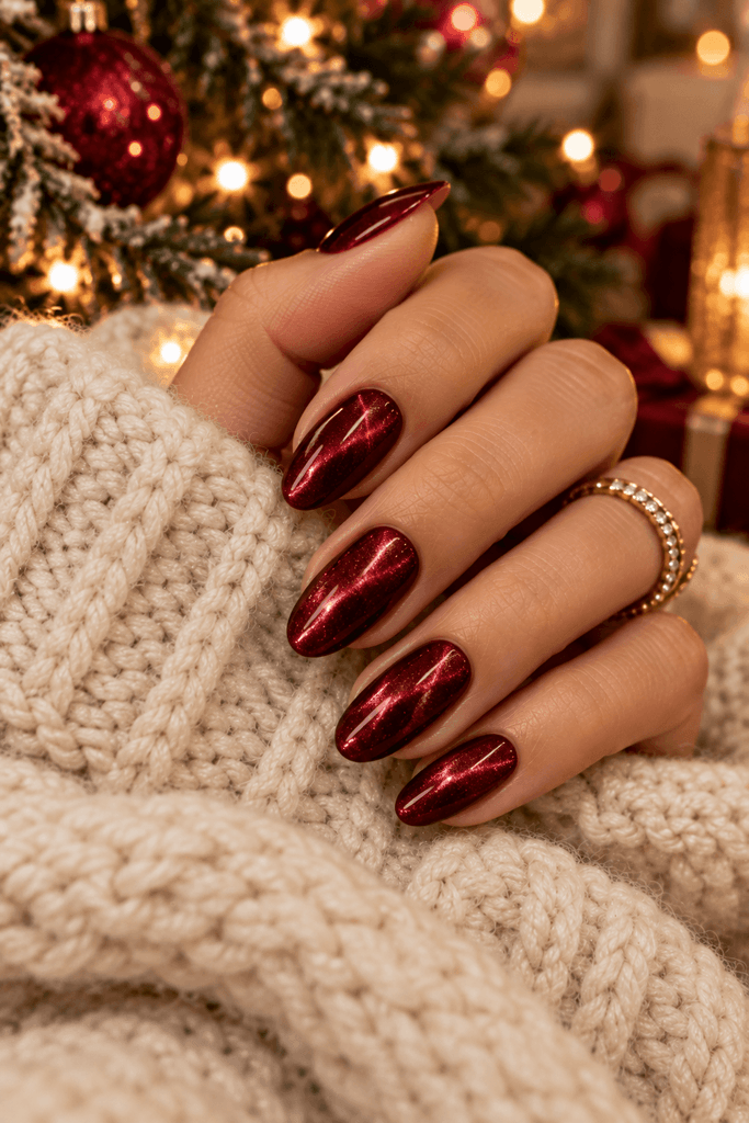 ruby red velvet nails on elegant almond-shaped nails, woman's hand resting on a cream knit blanket, understated Christmas tree lights in the background, natural skin texture