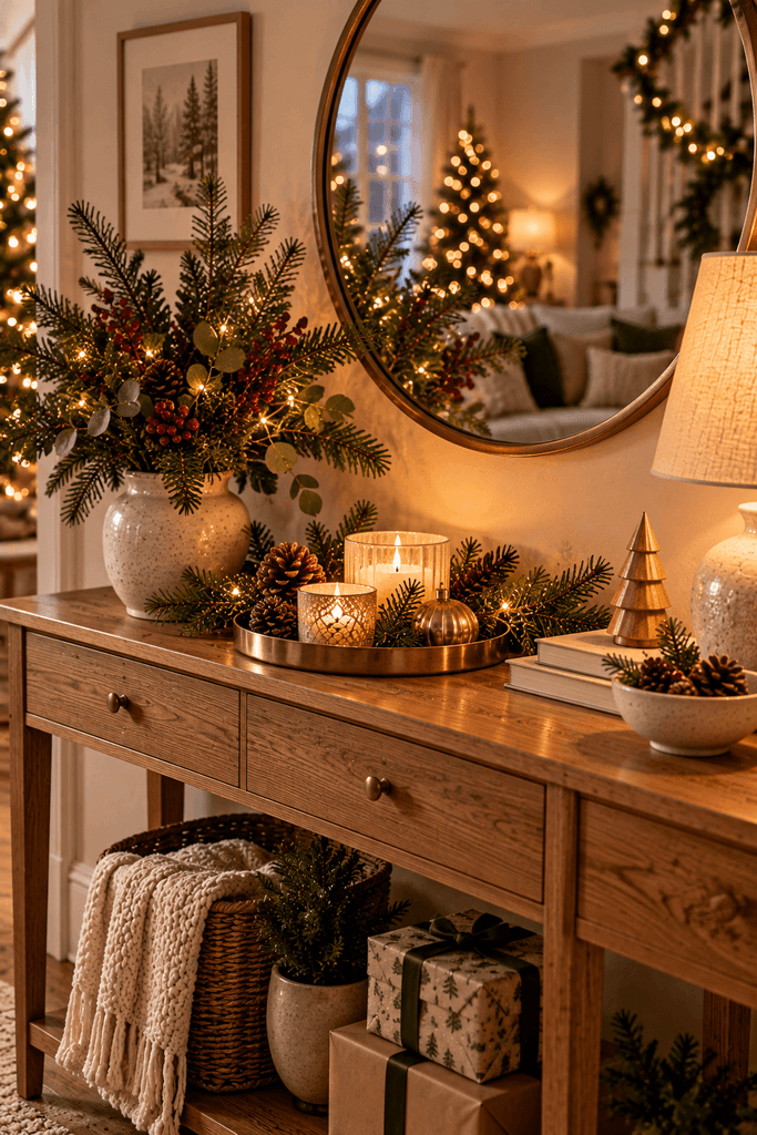 A Christmas console table beneath a round mirror, decorated with a small evergreen arrangement, brushed brass tray, ceramic candle holders, and warm lamp light reflected softly in the glass, no people