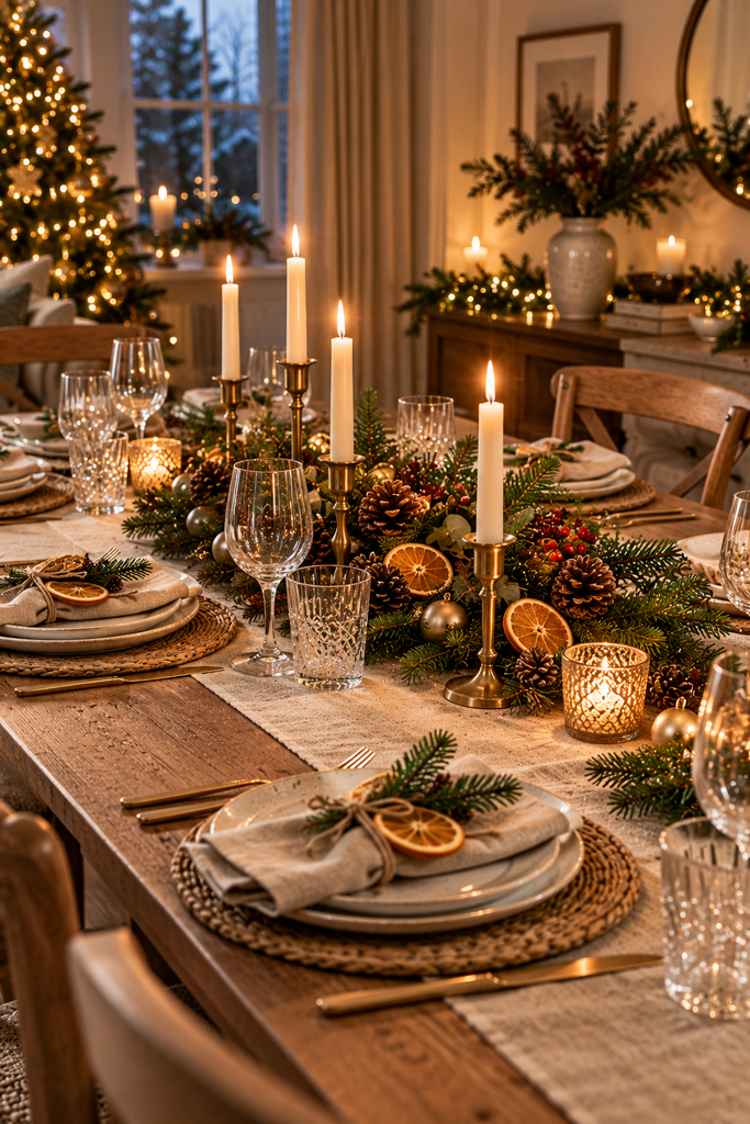 A Christmas dining table with a natural linen runner, low evergreen centerpiece, ceramic plates, clear glassware, dried orange slices, and understated brass candle holders, warm ambient lighting