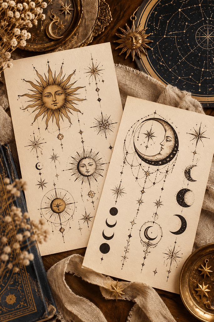 A bold blackwork tattoo flash sheet featuring three distinct sun and moon concepts celestial faces with closed eyes, a graphic black sun and crescent with negative space, and an antique storybook-style celestial illustration; high-contrast ink on off-white paper, no people