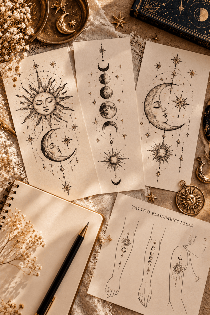 A clean tattoo-planning flat lay with printed sun and moon tattoo references, a blank notebook, a pencil, a simple placement diagram, and a few gold celestial charms on a warm neutral surface; no people, hands, or visible skin