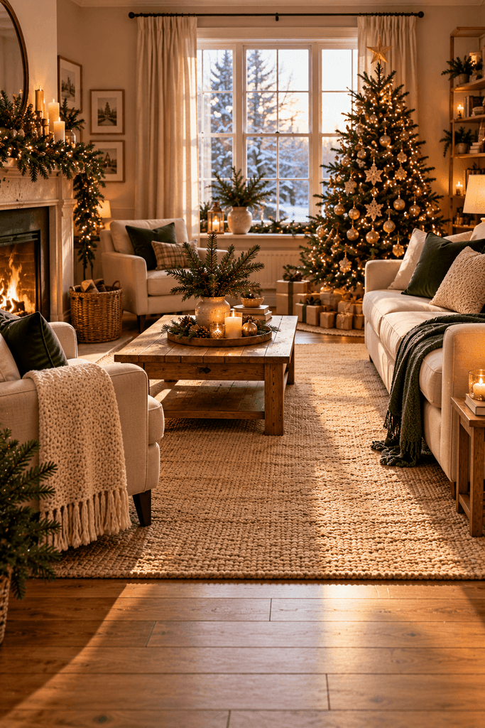 A comfortable Christmas living room with a neutral sofa, a small evergreen tree, neatly arranged armchairs, a clear central walkway, and warm natural lighting, no people