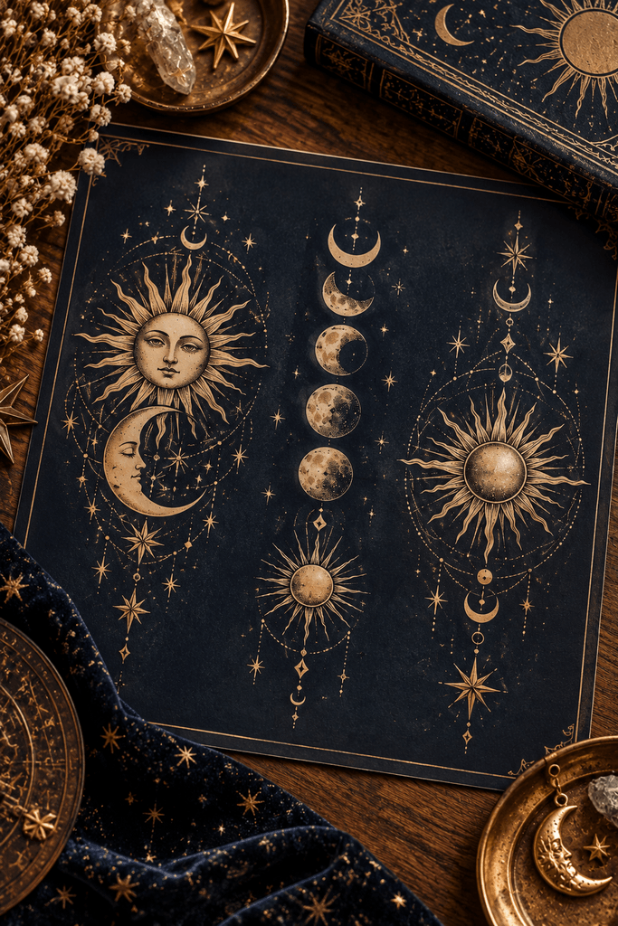 A dark navy and antique-gold celestial tattoo design sheet with three distinct compositions a sun and moon with scattered stars, a sequence of moon phases with a small sun, and an ornamental sun with fine geometric details; photographed on a wooden desk, no people