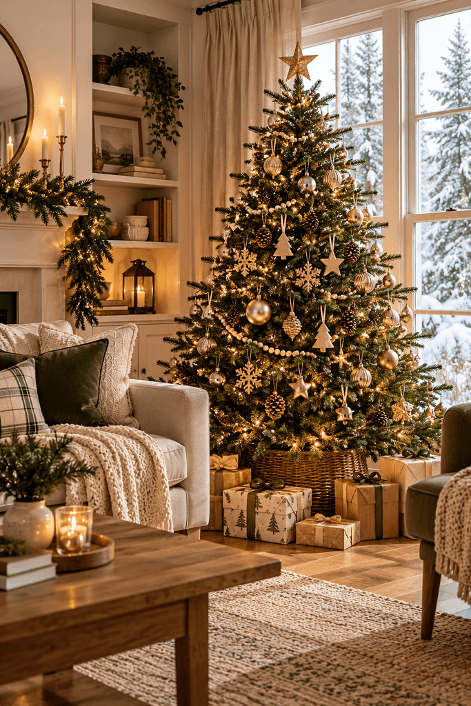 A naturally shaped Christmas tree positioned beside a living room window, decorated with warm white lights, wooden ornaments, muted gold accents, and a few wrapped gifts, balanced furniture arrangement, realistic interior photography, no people