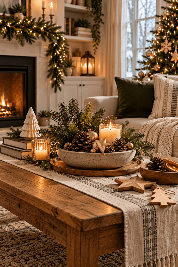 A naturally styled Christmas coffee table with a low ceramic bowl, a small evergreen arrangement, wooden ornaments, and a neutral linen runner, uncluttered lived-in living room, no people