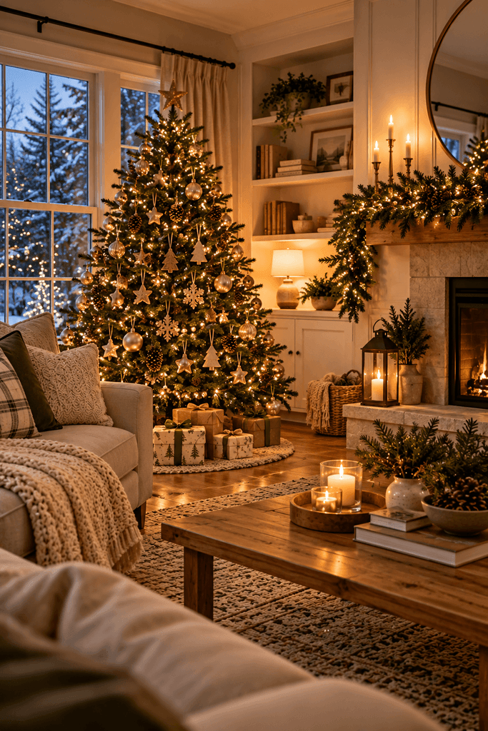 A realistic Christmas living room at dusk with warm white tree lights, a softly glowing table lamp, understated evergreen mantel garland, and neutral textiles, natural shadows, no people