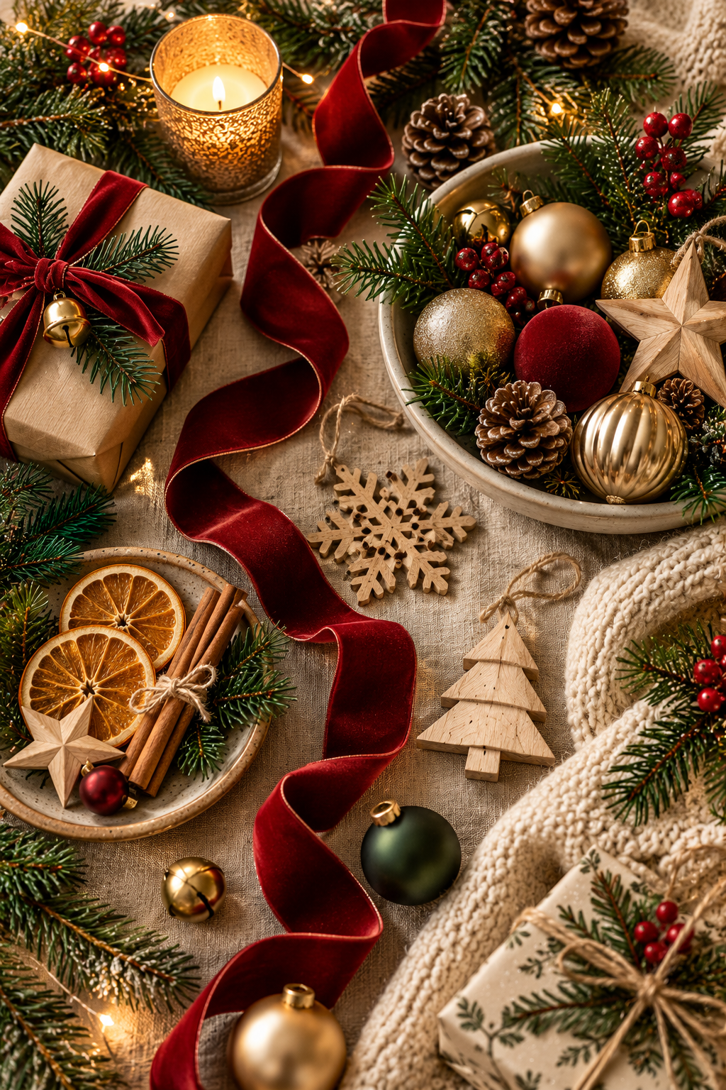 A sophisticated Christmas color palette featuring forest-green branches, muted red velvet ribbon, warm gold baubles, wooden ornaments, and cream textiles arranged on a natural linen surface, editorial flat lay, no people