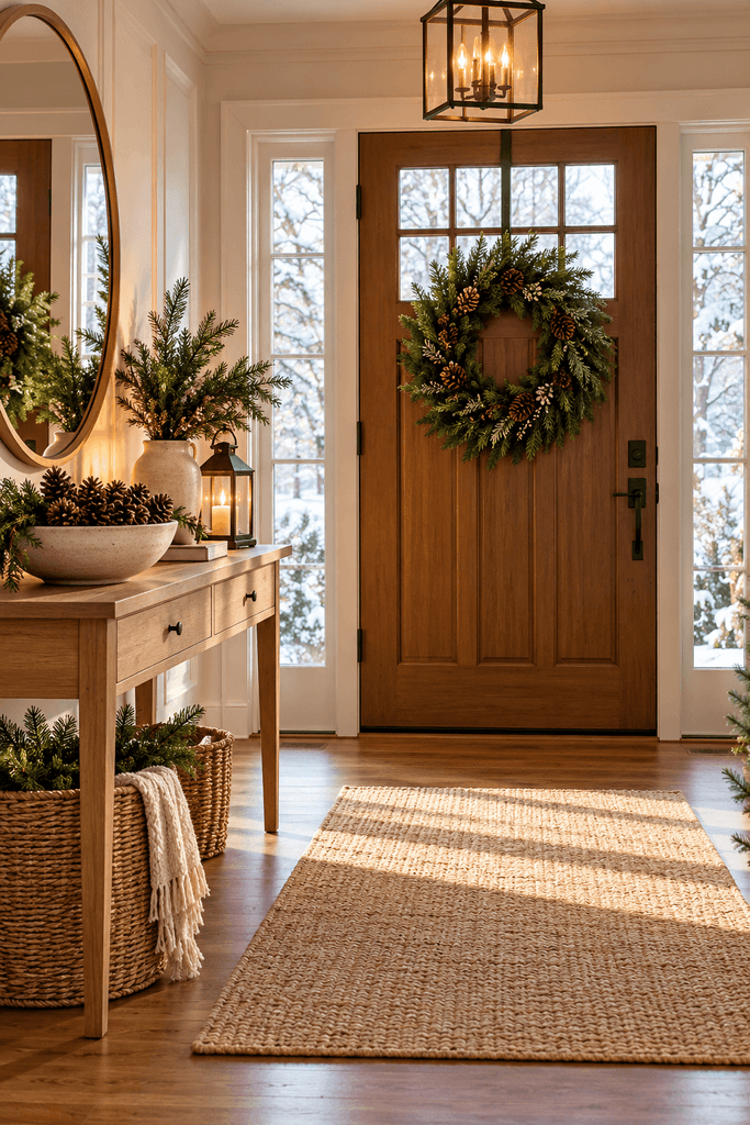 A welcoming American home entryway with a natural evergreen wreath, a slim oak console table, a ceramic bowl of pinecones, and warm lantern lighting, uncluttered floor, realistic winter daylight, no people, no text