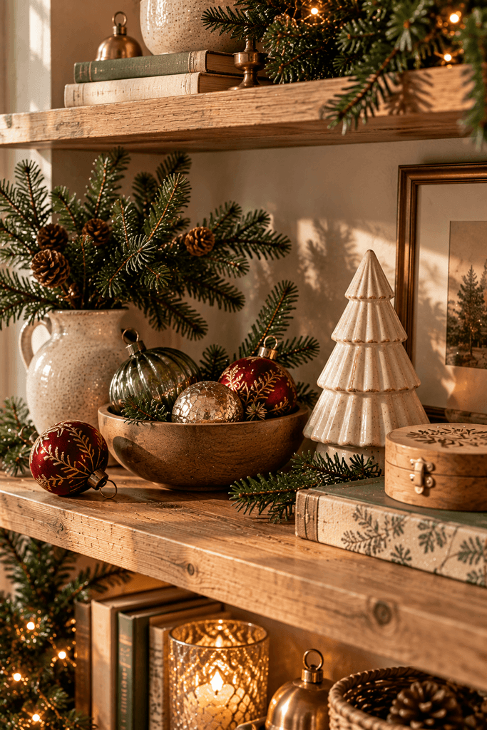 A wooden shelf decorated with a few vintage glass Christmas ornaments, a handmade ceramic tree, a small evergreen branch, and a simple keepsake box, intimate editorial photography, warm daylight, no people