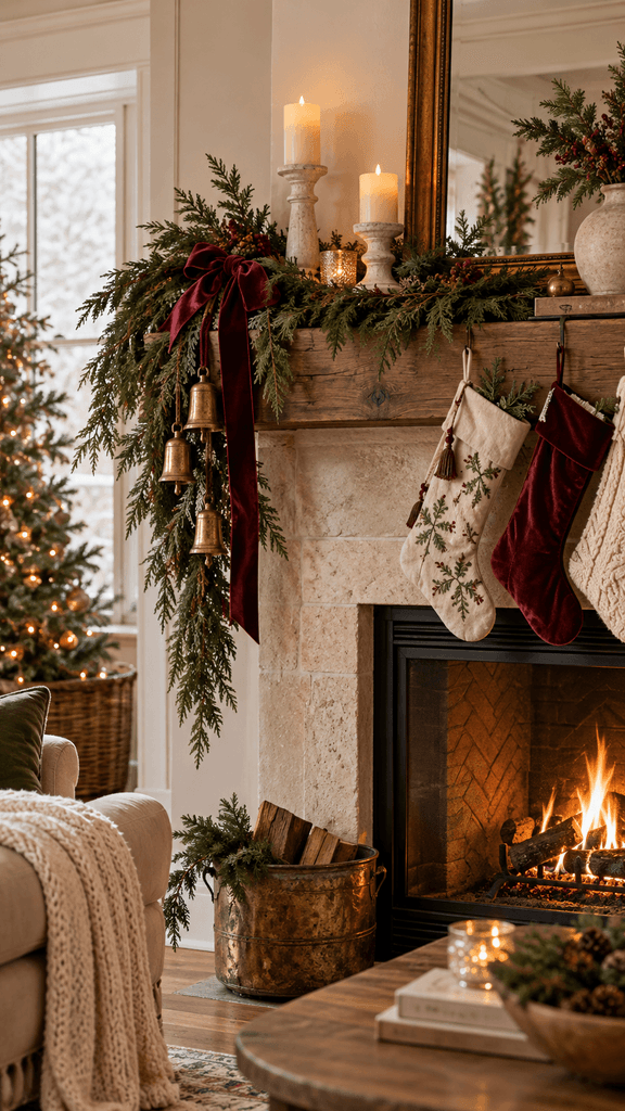 American living room fireplace decorated with asymmetrical fresh cedar garland, a few antique brass bells, ivory ceramic candleholders with flameless candles.christmas fireplace decor