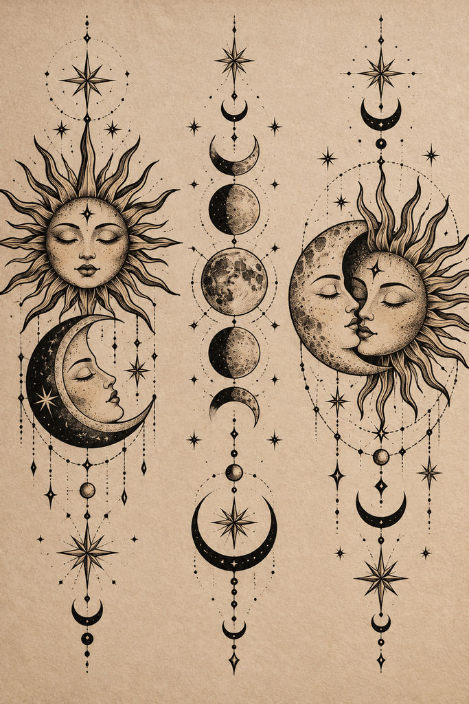 An editorial flat lay of vintage-inspired sun and moon tattoo flash designs on warm ivory paper, surrounded by a brass celestial charm, a small star chart, and textured linen