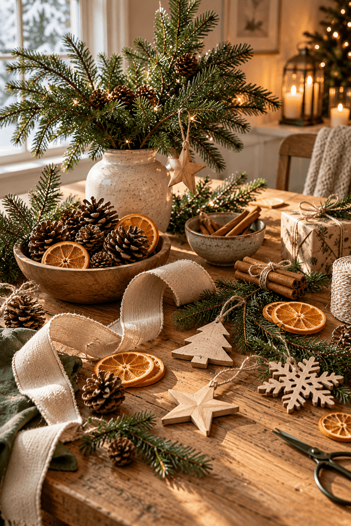 An editorial still life of fresh fir branches, pinecones, dried orange slices, cinnamon sticks, linen ribbon, and handmade wooden Christmas ornaments on a rustic oak table, soft natural daylight, no people