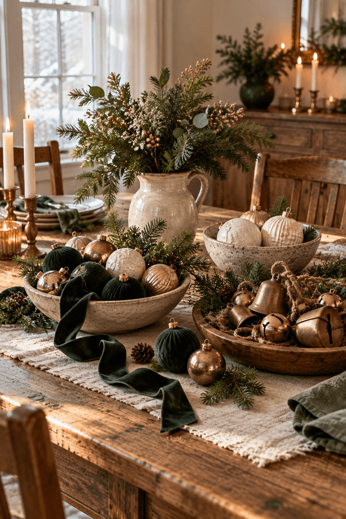 Christmas decorations on an aged oak dining table