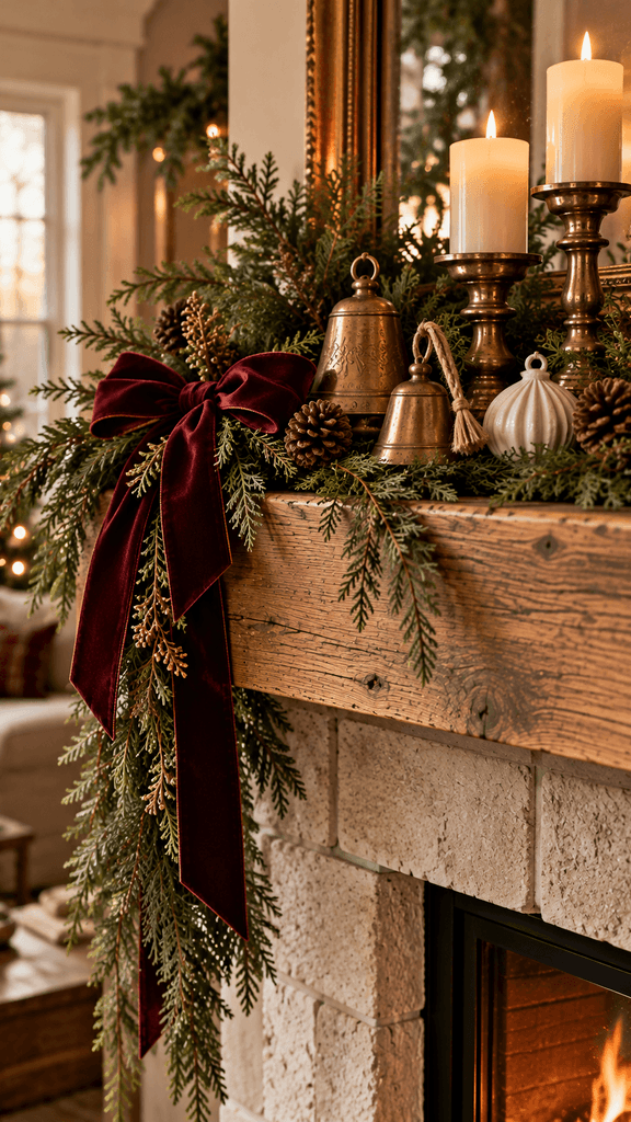 Christmas fireplace mantel featuring one understated burgundy velvet bow, aged brass bells, natural evergreen greenery, a small ivory ceramic ornament, and visible warm oak mantel surface