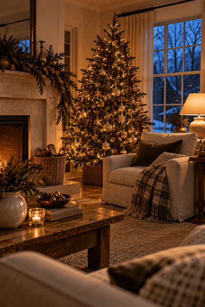 Christmas living room at blue hour, softly glowing tree with warm white lights