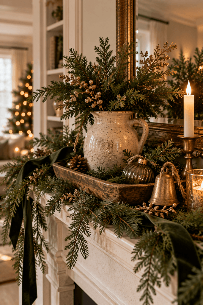 Christmas mantel arrangement featuring fresh cedar
