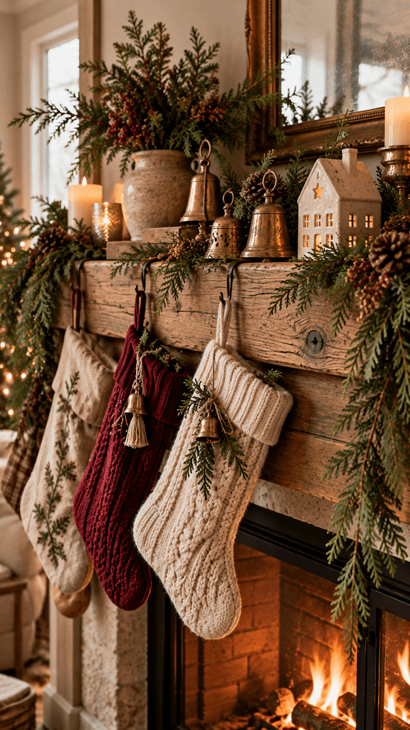 Christmas mantel arrangement with a lush cedar garland cascading gently down one side of an unused white plaster fireplace, antique brass bells, a single oversized burgundy velvet ribbon, and two small ceramic ornaments on the opposite side