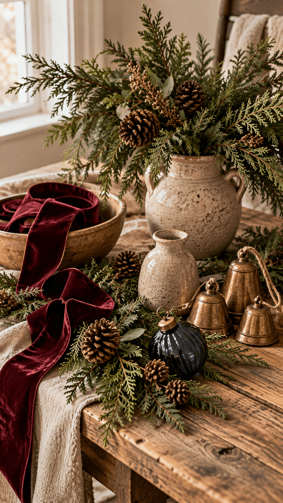 Christmas mantel styling materials arranged on a weathered wooden table fresh evergreen sprigs, burgundy velvet ribbon, handmade beige stoneware, aged brass bells, and one deep navy smoky glass ornament