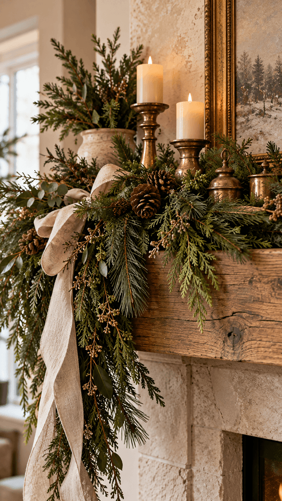 Christmas mantel with naturally layered cedar and fir greenery, subtle pinecones, linen ribbon, and warm oak details