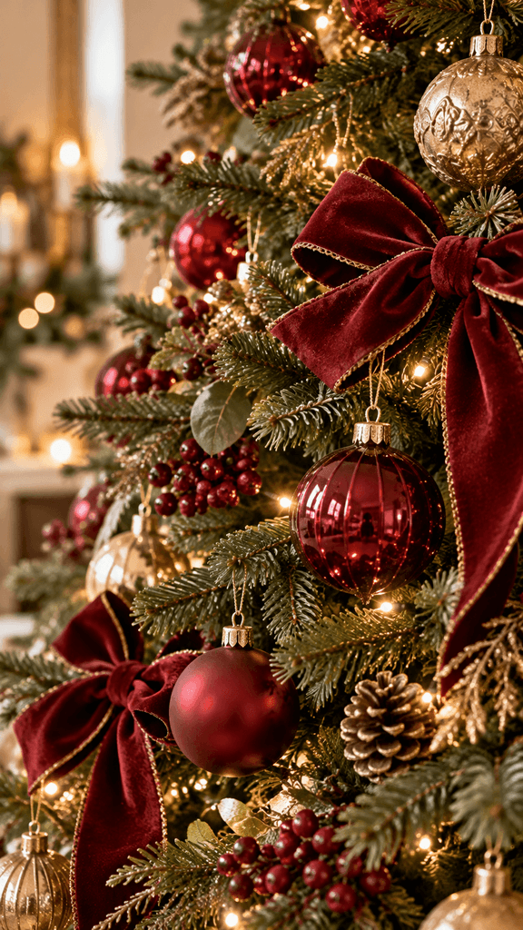 Close-up vertical photograph of natural Christmas tree branches decorated with burgundy velvet bows, deep red glass ornaments, and warm miniature lights, subtle antique gold details, realistic textures, no people, no text