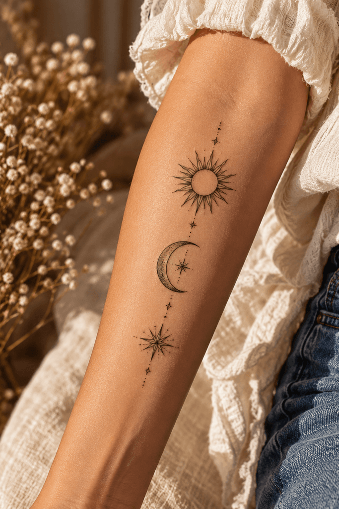 Three minimalist sun and moon tattoo flash concepts arranged in a neat horizontal row on cream sketchbook paper, featuring a tiny sun and crescent, a continuous-line celestial motif, and a fine-line sun with a delicate moon; no people or body parts
