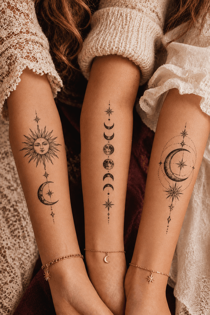 Three romantic tattoo flash illustrations on textured ivory paper: a sun and moon surrounded by delicate wildflowers, a floral crescent paired with a simple sun