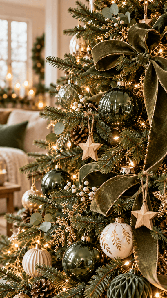 Vertical close-up of a natural Christmas tree styled with forest-green glass ornaments, olive velvet ribbon, small wooden stars, and delicate cream accents, softly lit neutral living room, realistic editorial photography, no people, no text