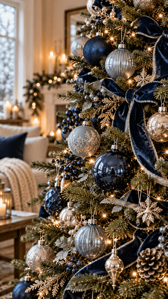Vertical editorial close-up of a Christmas tree decorated with midnight navy, dusty blue, and smoky glass ornaments, restrained brushed silver accents, softly illuminated winter interior, natural realistic styling