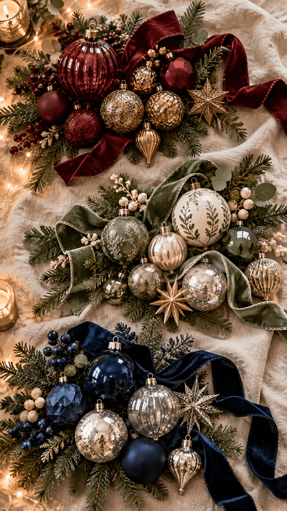Vertical editorial flat lay of three Christmas ornament color palettes arranged on natural linen burgundy with antique gold, sage with ivory, and navy with silver, velvet ribbons and glass baubles, authentic styling