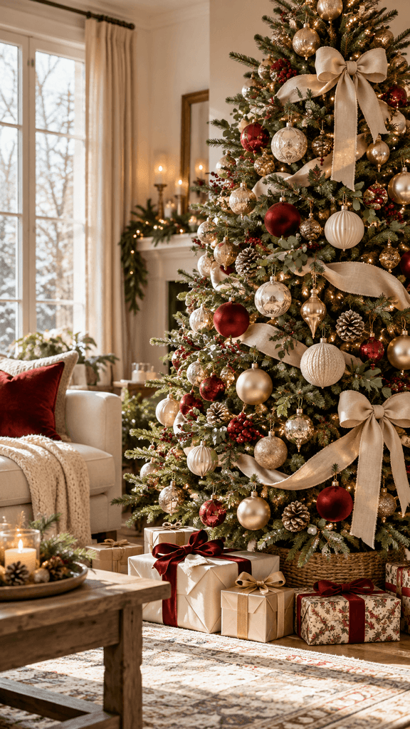 Vertical editorial photograph of an elegant Christmas tree in a cozy American living room, decorated with muted gold, warm ivory, and dusty red ornaments, natural linen ribbon, soft daylight, authentic home interior, no people