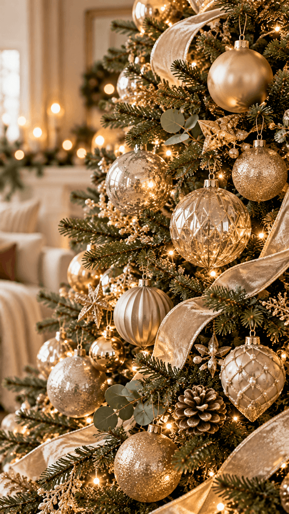 Vertical editorial photograph showing a Christmas tree detail with champagne gold, brushed silver, and matte metallic ornaments, warm-white lights, softly textured neutral background, natural reflections