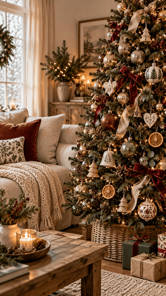 Vertical lifestyle interior photograph of a thoughtfully decorated Christmas tree beside a linen sofa and wooden side table, warm neutral ornaments with a few meaningful mismatched handmade decorations, authentic cozy American home, no people, no text