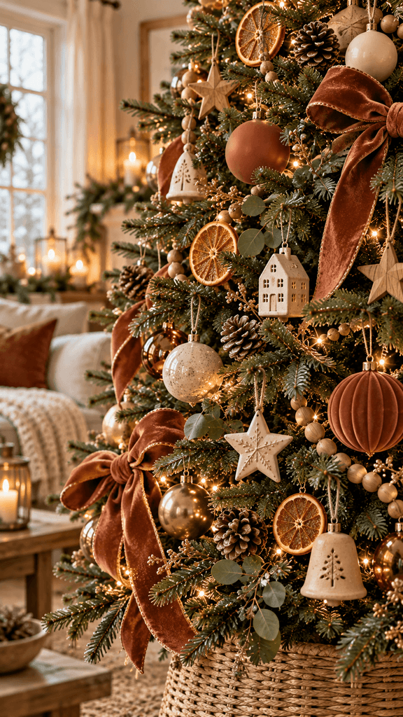 Vertical natural-light photograph of a rustic Christmas tree with terracotta velvet ribbons, handmade clay ornaments, dried orange slices, wooden stars, and warm amber lights, lived-in neutral home interior