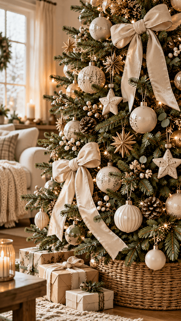 Vertical photograph of an elegant evergreen Christmas tree with ivory velvet ribbons, handmade ceramic stars, creamy matte ornaments, woven basket tree collar, cozy beige interior, soft winter daylight