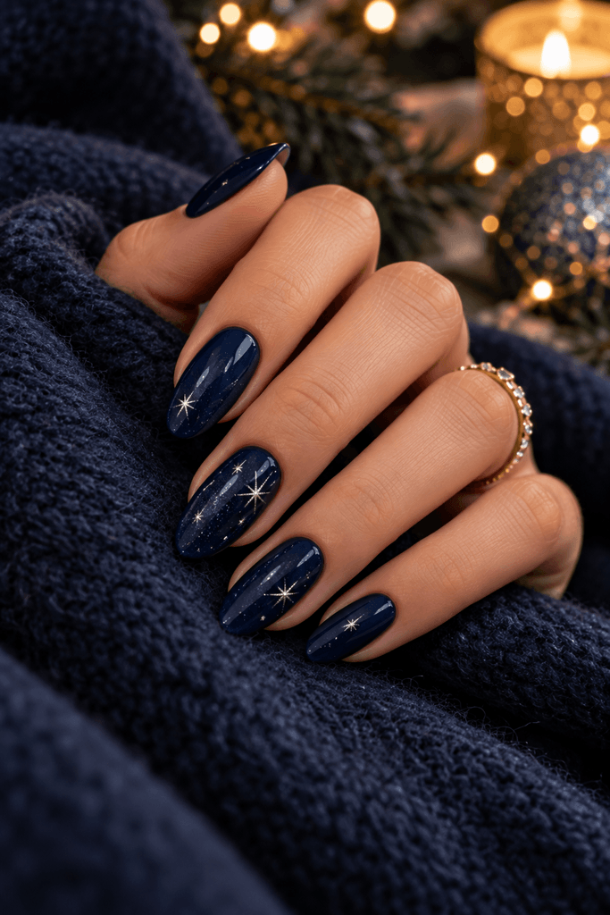 almond-shaped navy blue Christmas manicure with sparse tiny silver stars, woman's hand resting on dark blue wool fabric, soft side lighting, realistic editorial nail photography