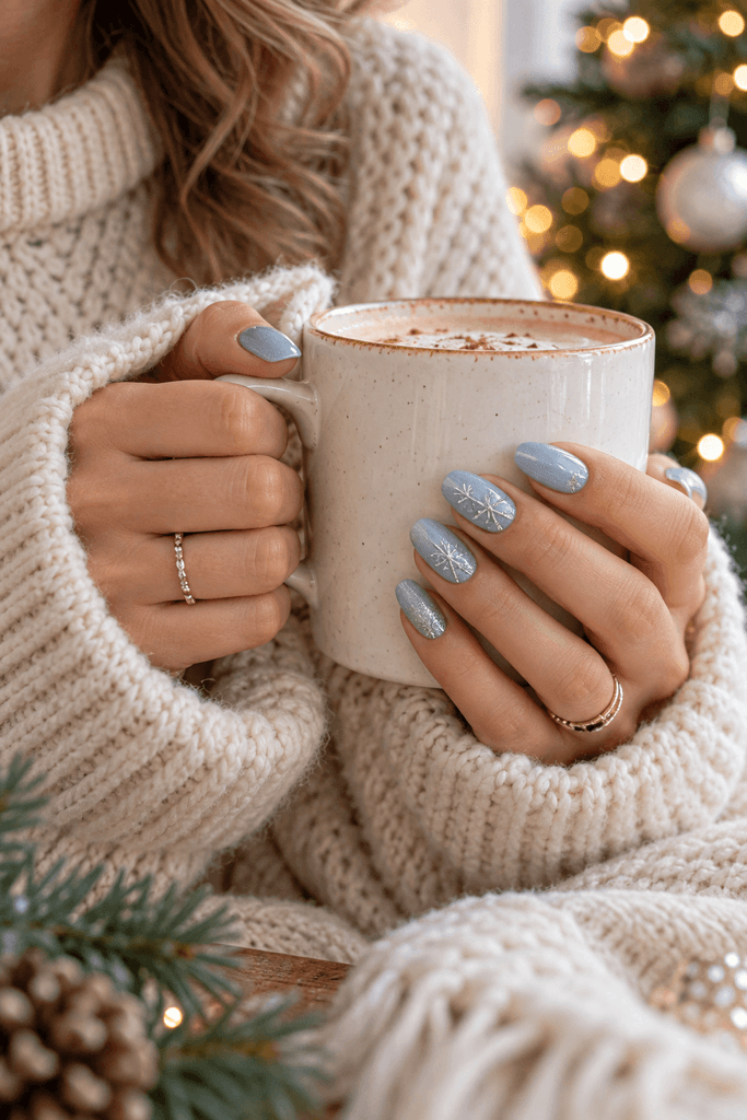 close-up of a woman's hands holding a warm white ceramic mug beside a cream knit sweater, nails painted in a soft icy blue Christmas manicure with tiny silver details, natural window light, realistic editorial winter lifestyle photography