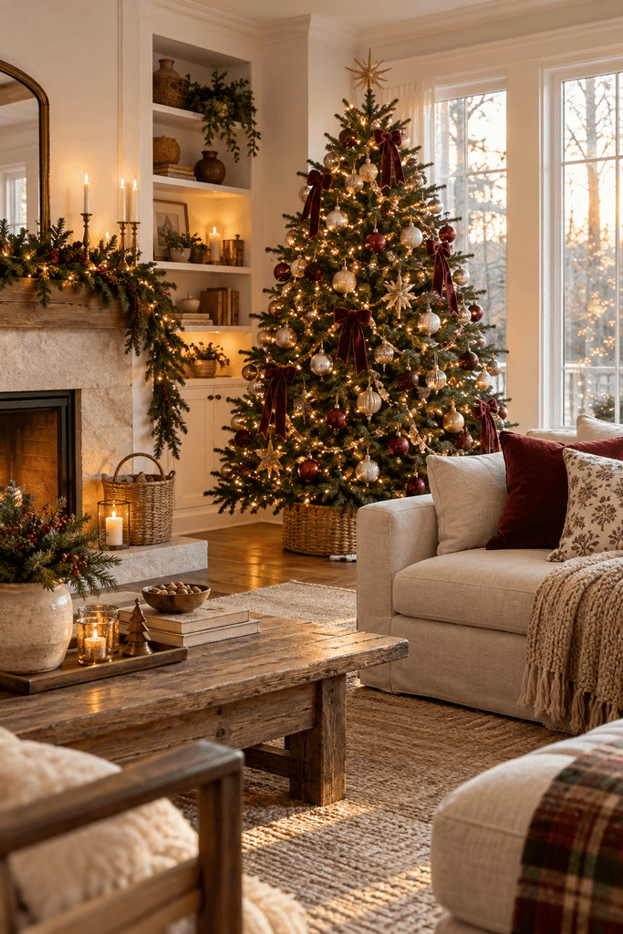 cozy American living room decorated for Christmas