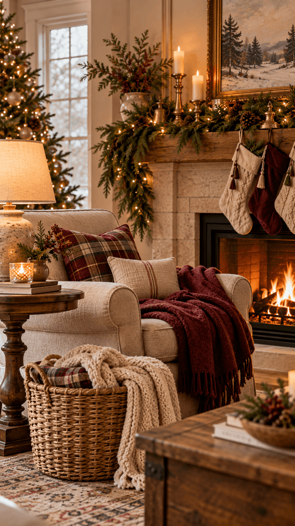 cozy wooden Christmas mantel with mismatched handmade knit stockings, a small vintage brass bell collection, one imperfect handmade ceramic Christmas house, and naturally draped greenery