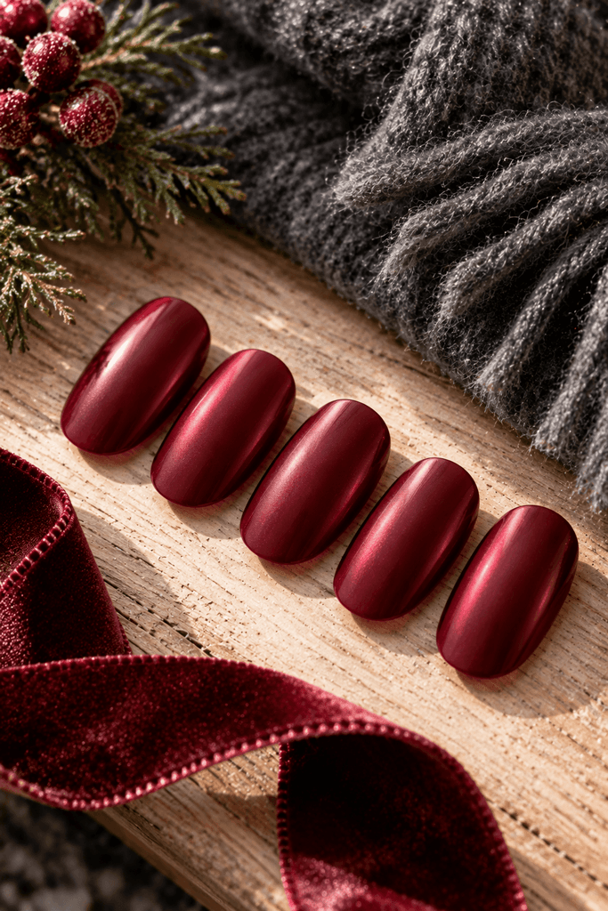 cranberry red artificial nail tips with a soft satin semi-matte finish, placed beside a folded charcoal wool scarf and a narrow burgundy ribbon on a pale wooden surface