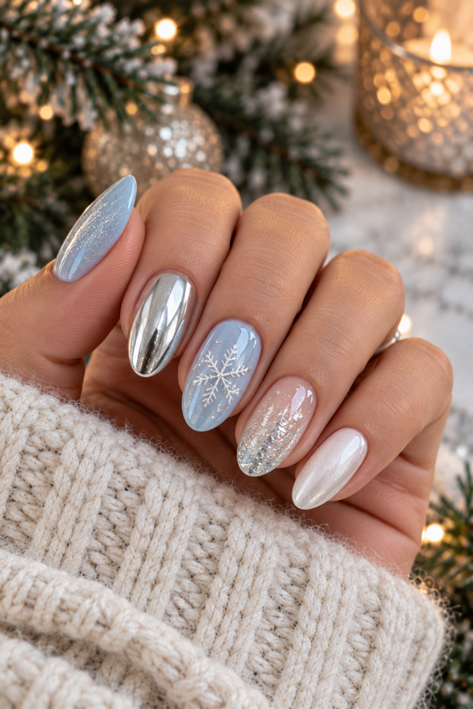 close-up manicure on a woman's hand, soft baby blue nails with tiny irregular silver stars, cream knit sleeve and blurred Christmas lights in the background, realistic editorial photography
