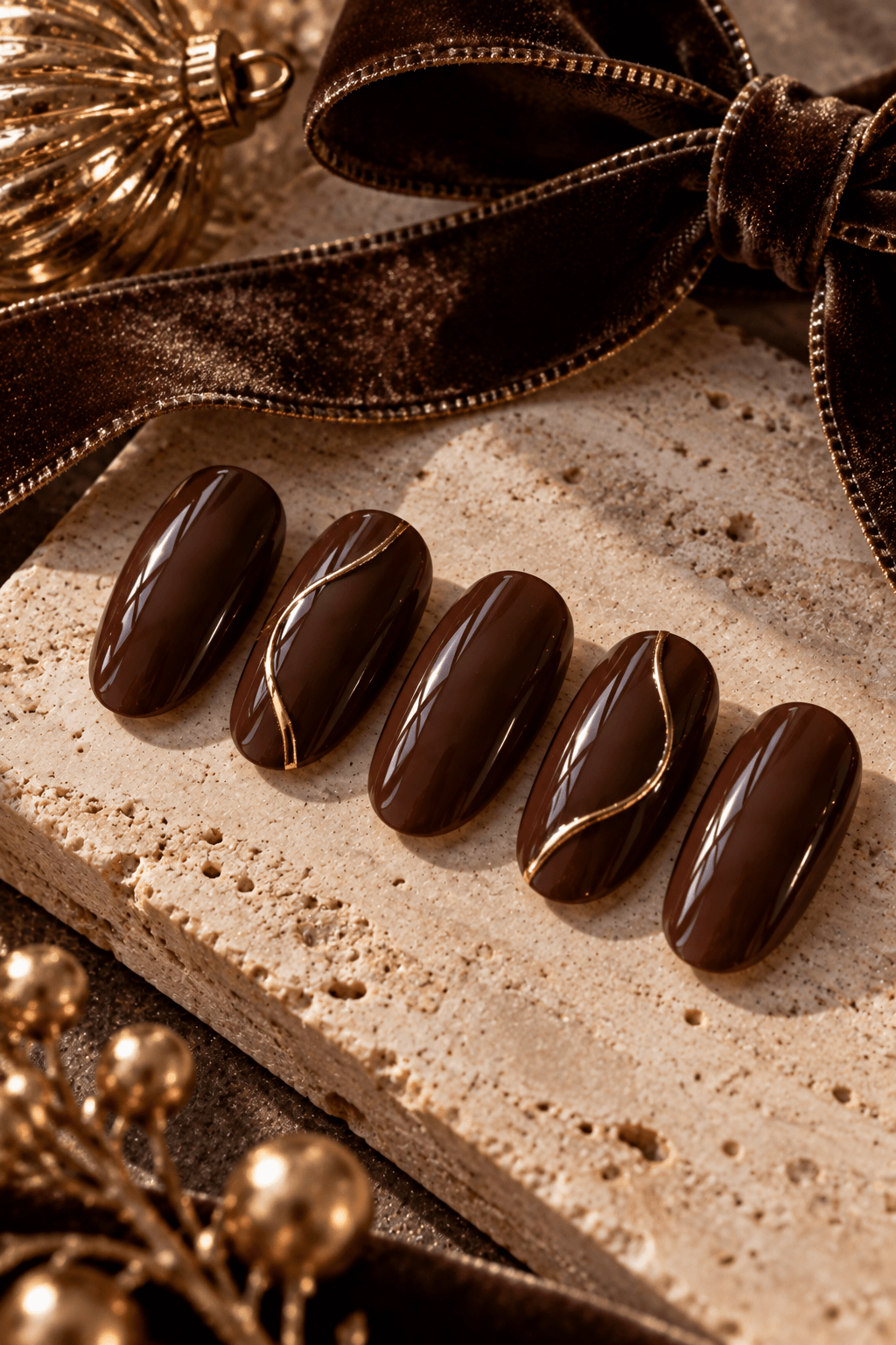 glossy dark chocolate brown oval artificial nail tips, two featuring minimal fine antique-gold curved accents, arranged on warm travertine with a dark brown velvet bow partially visible, rich natural shadows